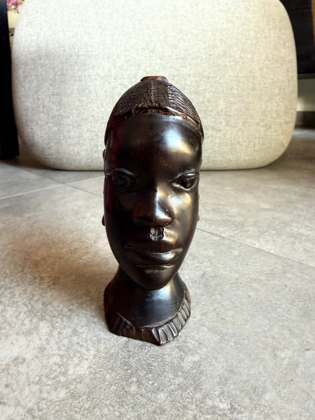 Vintage Afrikaans houten beeldje - Vrouwenhoofd, Bruin, Afrika, Handgemaakt, Beeld