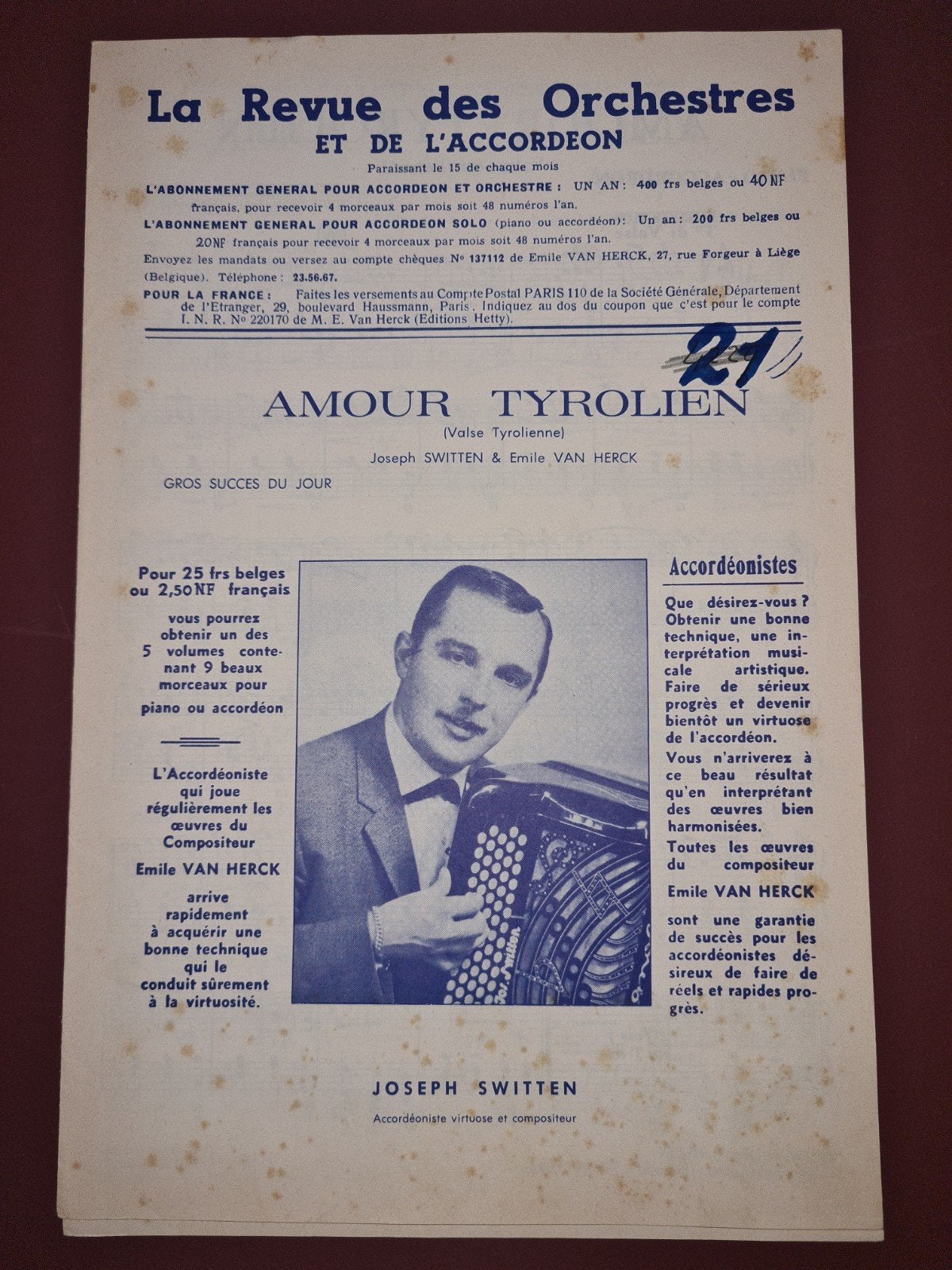 Amour Tyrolien - bladmuziek voor accordeon en piano, Gebruikt, Overige genres, Piano, Overige soorten