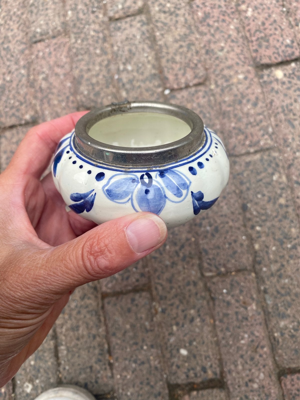 Antiek Delfts Blauw Potje met Tin Rand, Ophalen