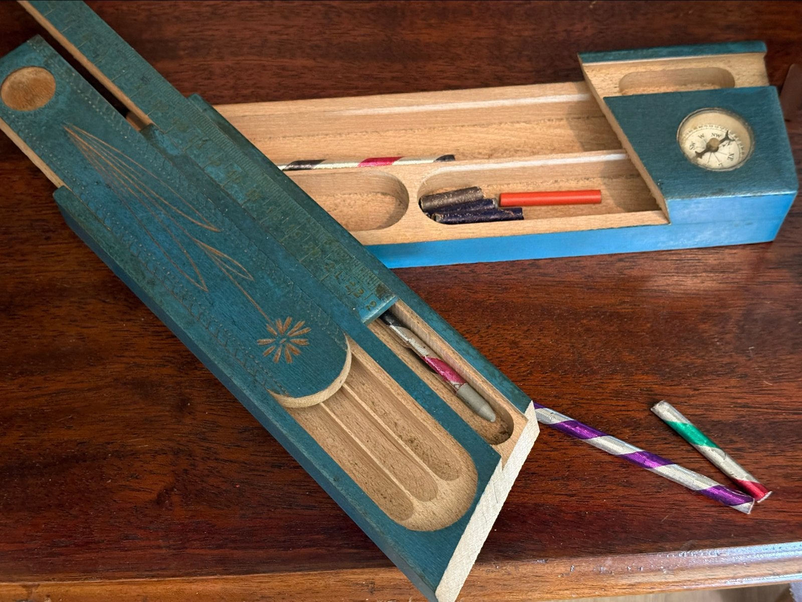 Antieke houten etui met kompas en liniaal, Antiek en Kunst, Ophalen of Verzenden