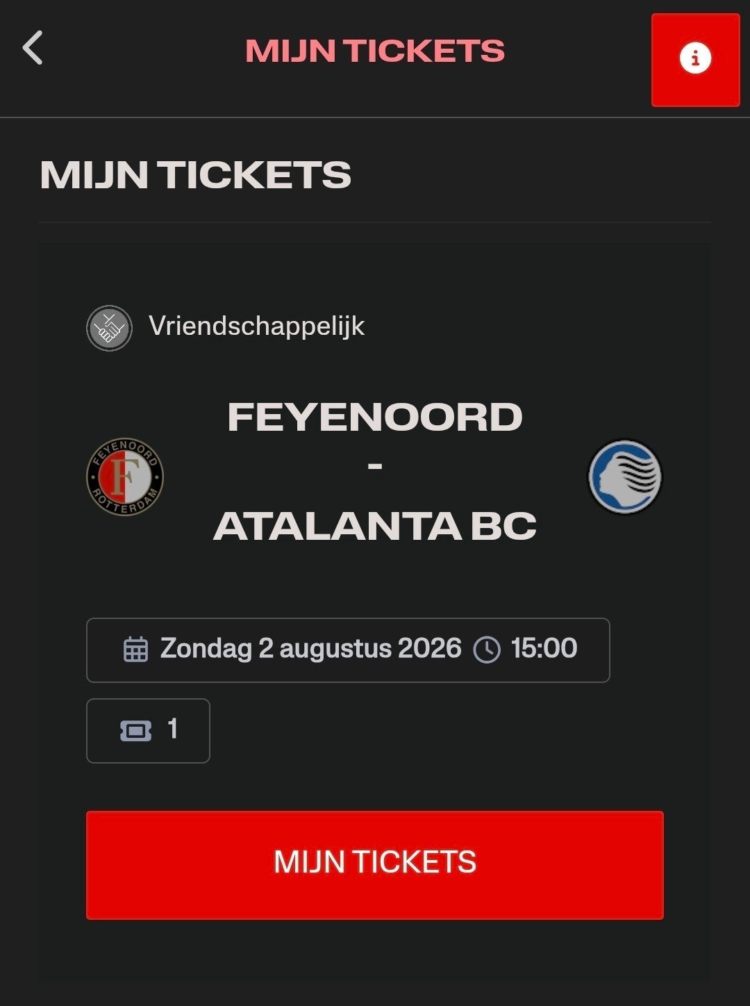 Feyenoord vs Atalanta BC
Voetbal Ticket vak BB, Tickets en Kaartjes, Eén persoon, Augustus