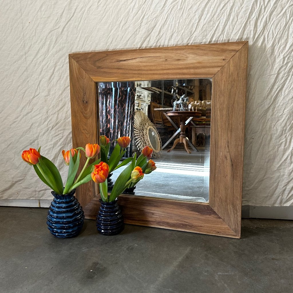 Spiegel facet met teak lijst 60 x 60 cm - Gratis bezorgd, TTM Wonen, Meubels – (Perzische) Tapijten en Woonaccessoires, Taag 63, 2491 CS, Den Haag (Forepark)