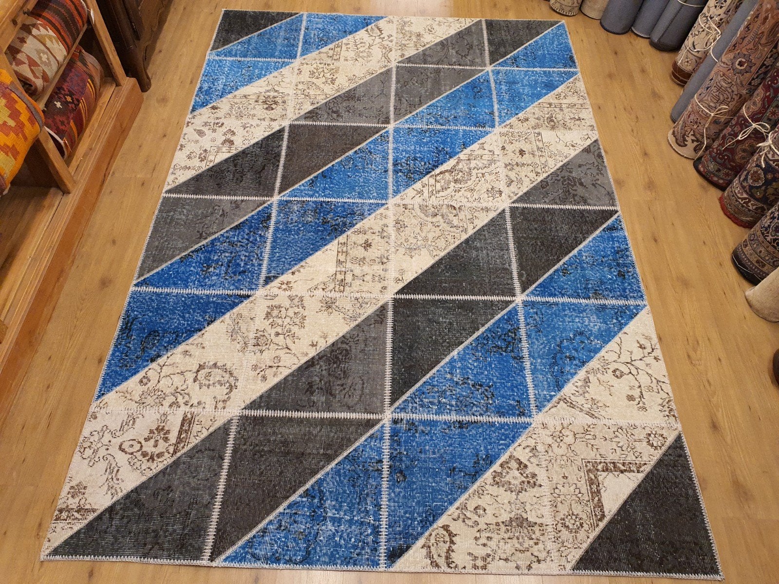 Vintage handgeknoopt oosters tapijt patchwork 300x200, Info@SlatsAntiek.nl, Tweedehands, 200 cm of meer, Ophalen of Verzenden