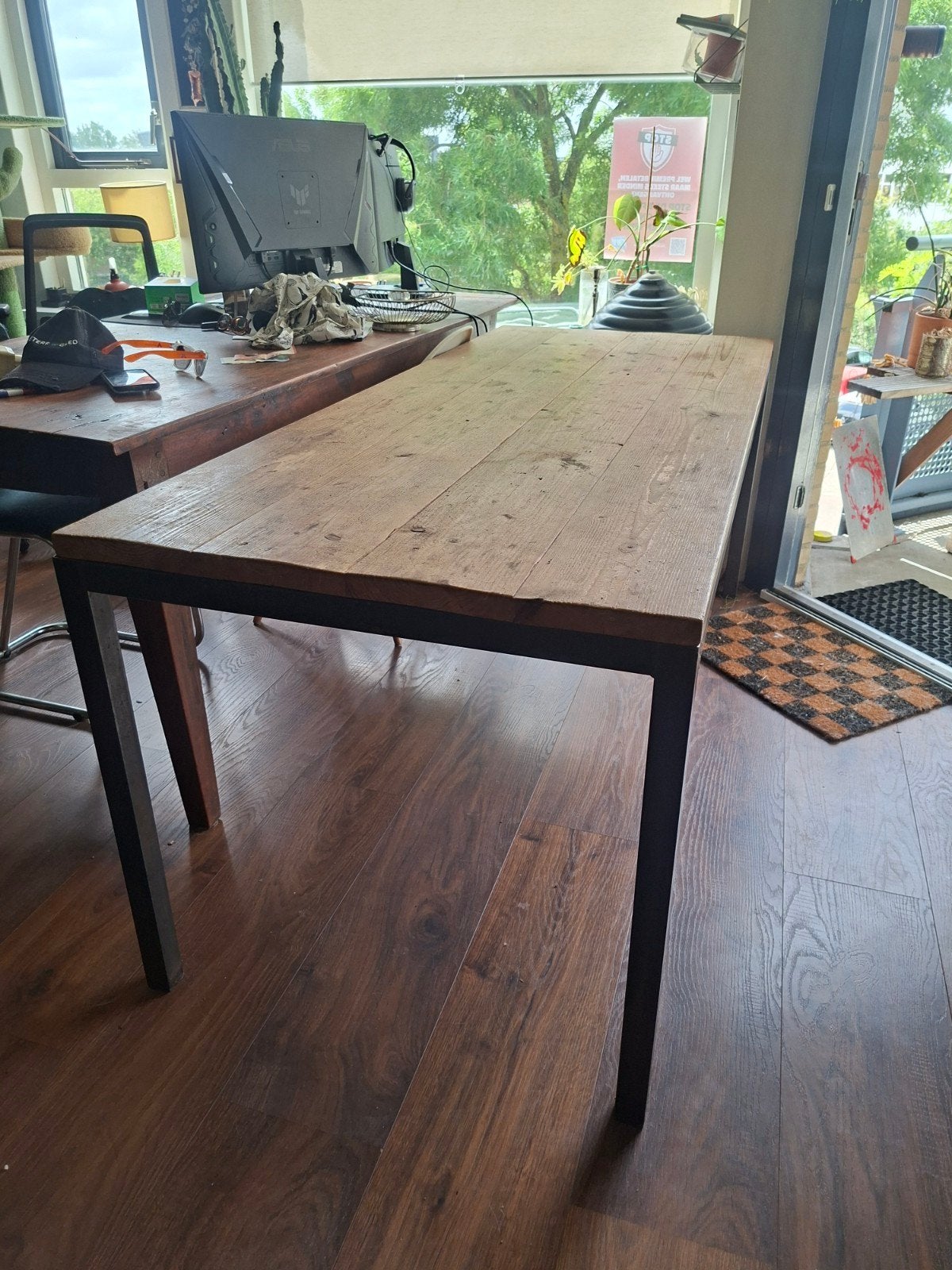 Tafel van staal met steigerhouten blad, Gebruikt, 50 tot 100 cm, 150 tot 200 cm, Rechthoekig