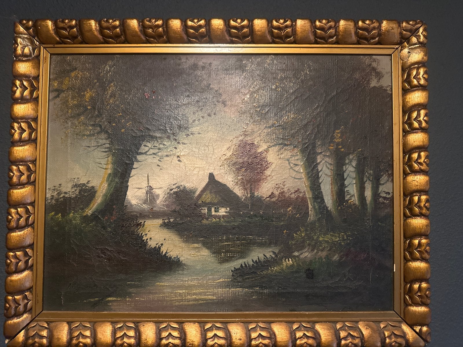 Antiek Romantisch Hollands Landschap Olieverf Schilderij, Antiek en Kunst, Doek, Bijzondere lijst, Ophalen of Verzenden, Landschap