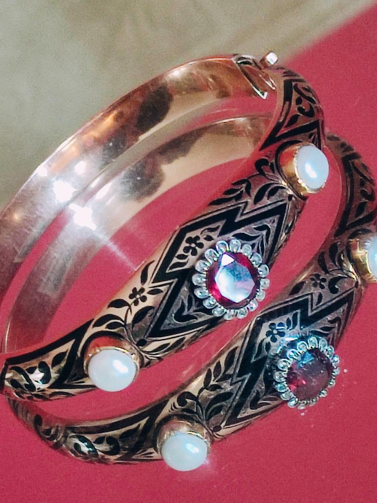 19eeuw geëmailleerde gouden armband met granaat, diam, Sieraden, Tassen en Uiterlijk, Antieke sieraden, Ophalen of Verzenden, Goud