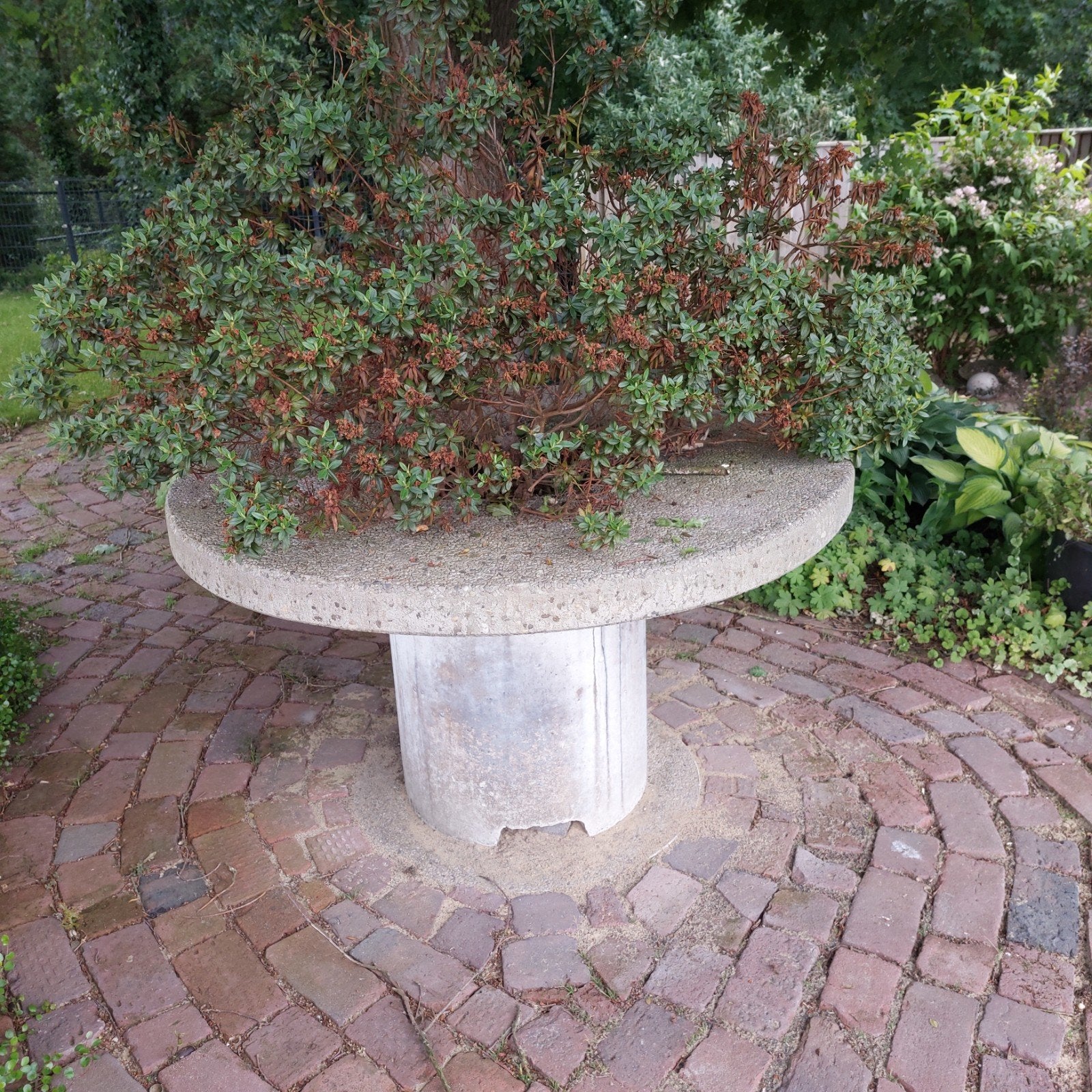 Betonnen tuintafel ca. 80 cm hoog doorsnee1.20, Tuin en Terras, Tuintafels, Ophalen, Gebruikt, Rond, Overige materialen