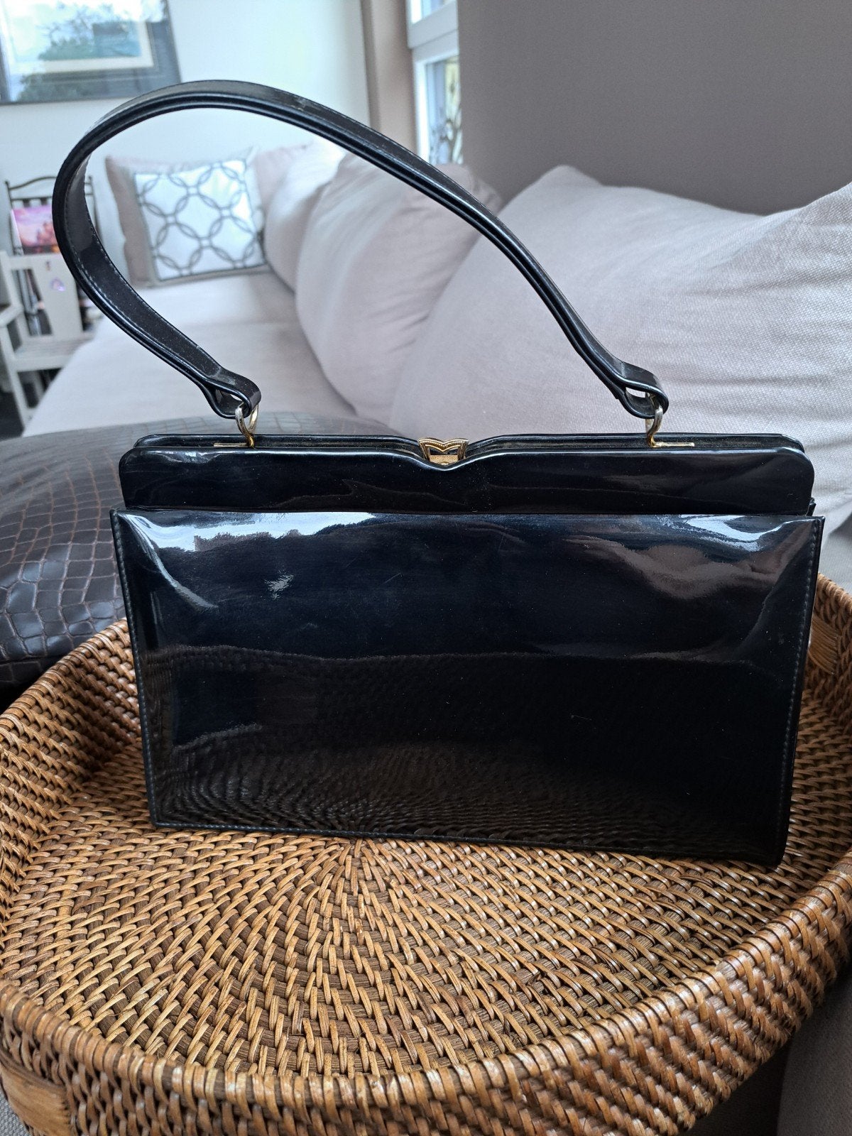leno handtas envelope zwart lakleer made in holland vintage, Ophalen of Verzenden, Zo goed als nieuw, Zwart, Handtas