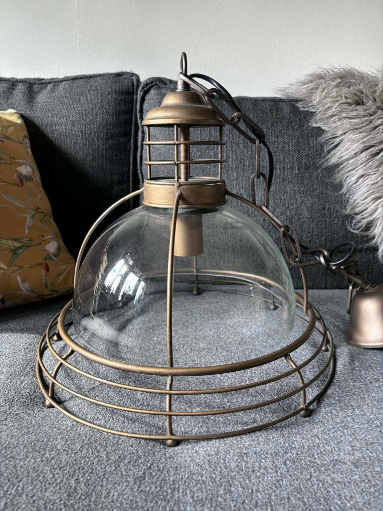 Metalen hanglamp met glazen kap 39x39x36cm, Ophalen of Verzenden, Zo goed als nieuw, Glas