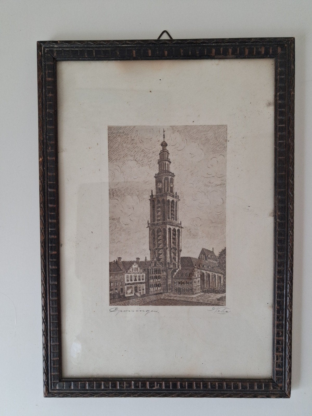 Oude ets van de Martinitoren in Groningen 20x30cm, Ophalen, Ets, Stadsgezicht, Ingelijst