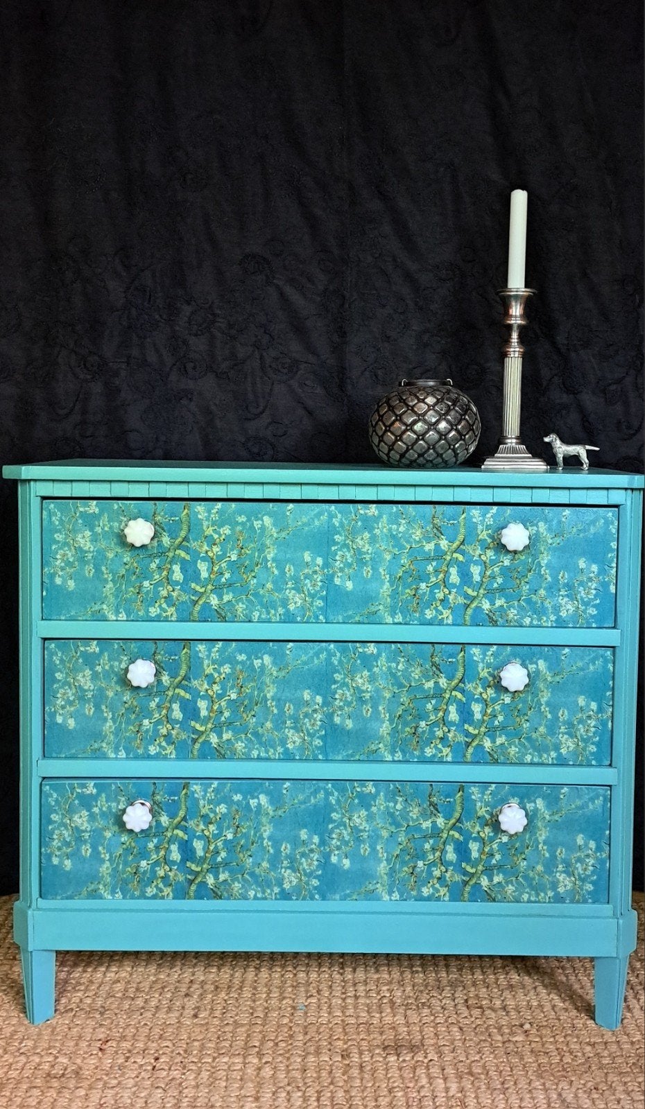 Unieke ladekast met Van Gogh 'Amandelbloesem' print, Ophalen, 100 tot 150 cm, Zo goed als nieuw, 3 of 4 laden