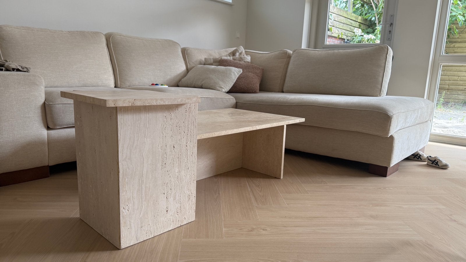 Luxe pinterest Travertin salontafel + bijzettafel, Ophalen, 100 tot 150 cm, 50 tot 100 cm, Zo goed als nieuw