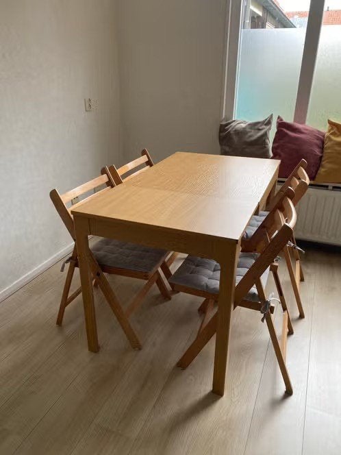 IKEA EKEDALEN uitschuifbare eettafel 80/120x70 + 5 stoelen, Ophalen, Gebruikt, Scandinavisch, 4 tot 6 stoelen