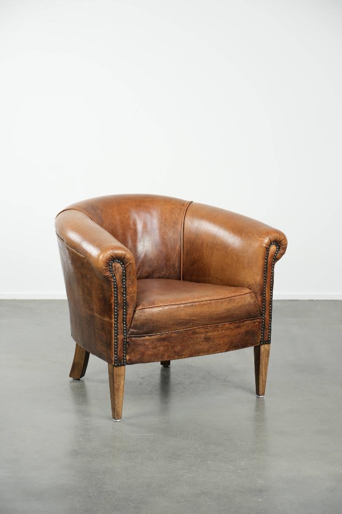 Vintage schapenleren clubfauteuil in een subtiel formaat, Huis en Inrichting, Fauteuils, Ophalen, Gebruikt, ., Minder dan 75 cm