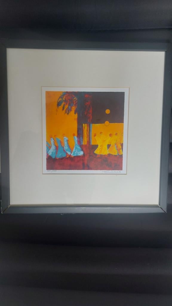 Zeefdruk Marjolijn van Ginkel - Vrolijke Scène, Antiek en Kunst, Ophalen of Verzenden