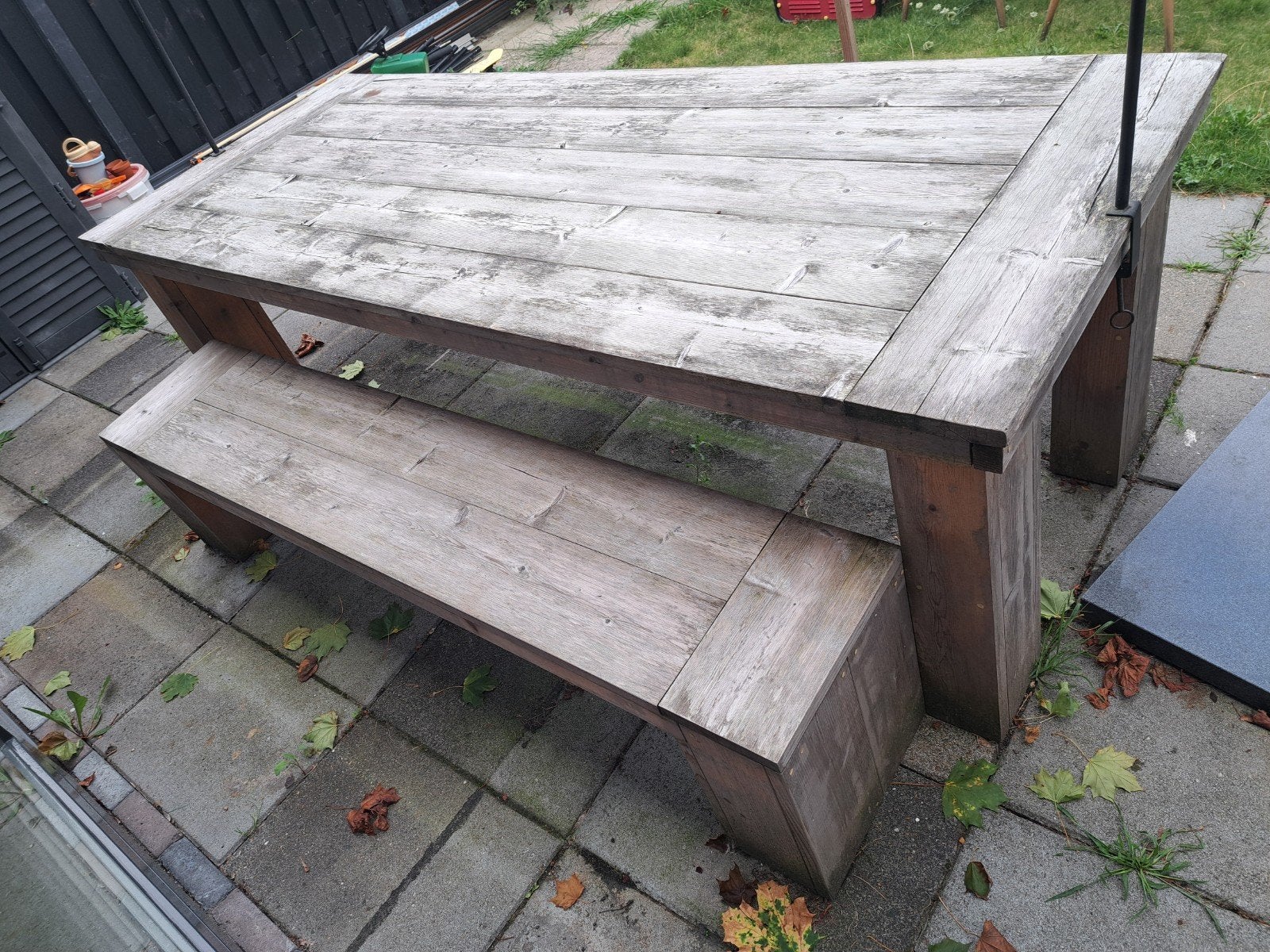 Steigerhouten eettafel met bank, Ophalen, Gebruikt, 200 cm of meer, 50 tot 100 cm