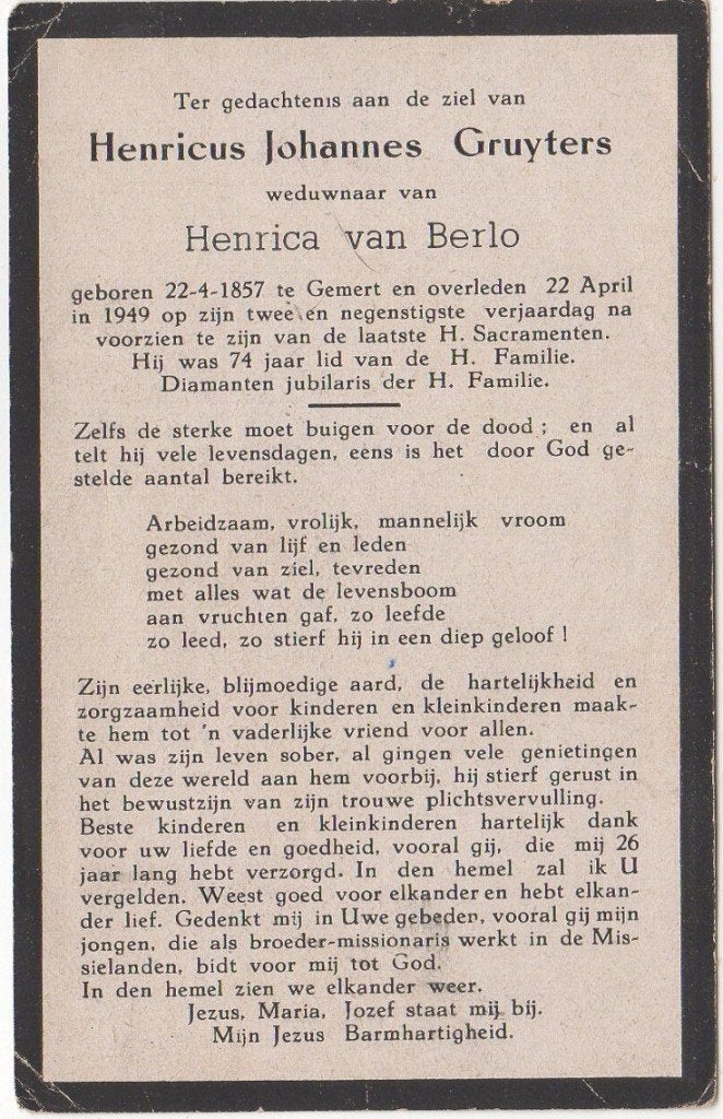 Henricus J. Gruyters 1857 - 1949 Gemert, 92 jaar oud, Verzenden