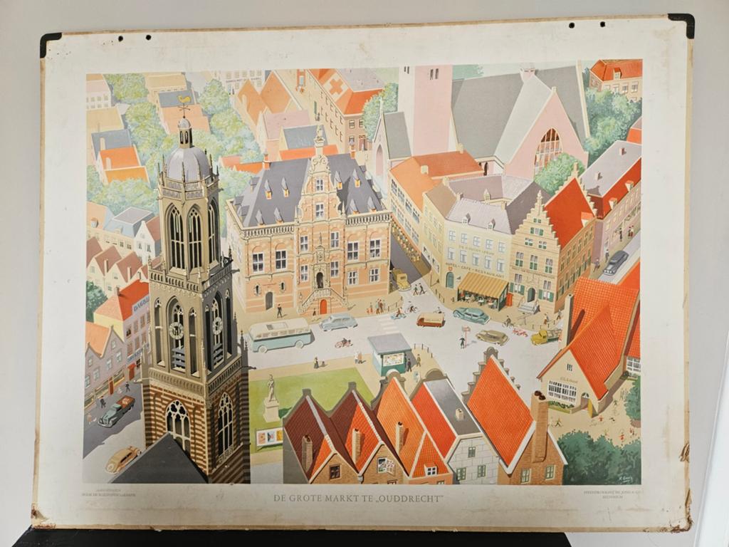 Oude schoolplaat 'De Grote Markt te Oudrecht' R. Goris, Ophalen