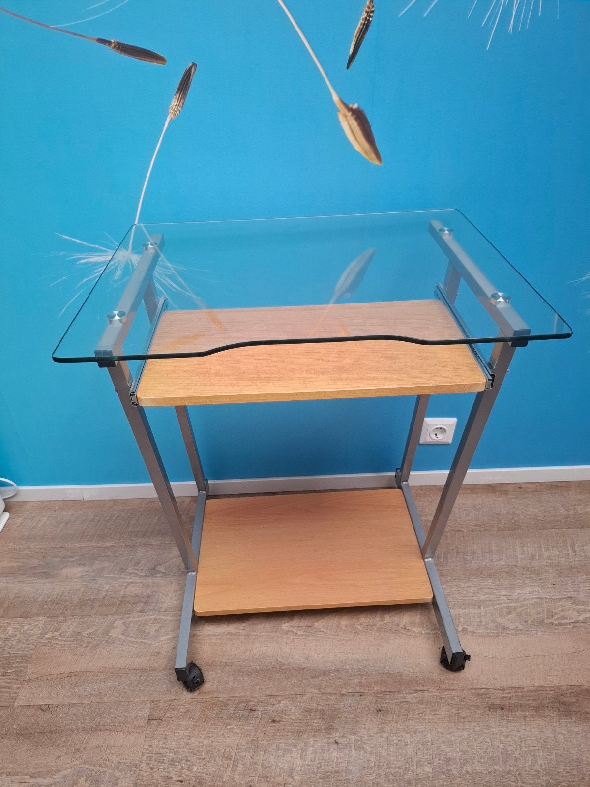 Compacte computer tafel met glas en hout, Huis en Inrichting, Ophalen, Gebruikt, 70 tot 120 cm, Overige houtsoorten