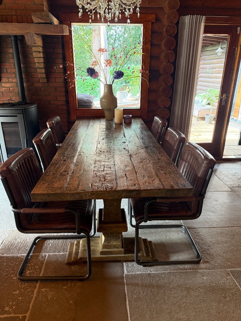 Zeer mooie kloostertafel met 6 stoelen, Ophalen, Gebruikt, Teakhout, 200 cm of meer