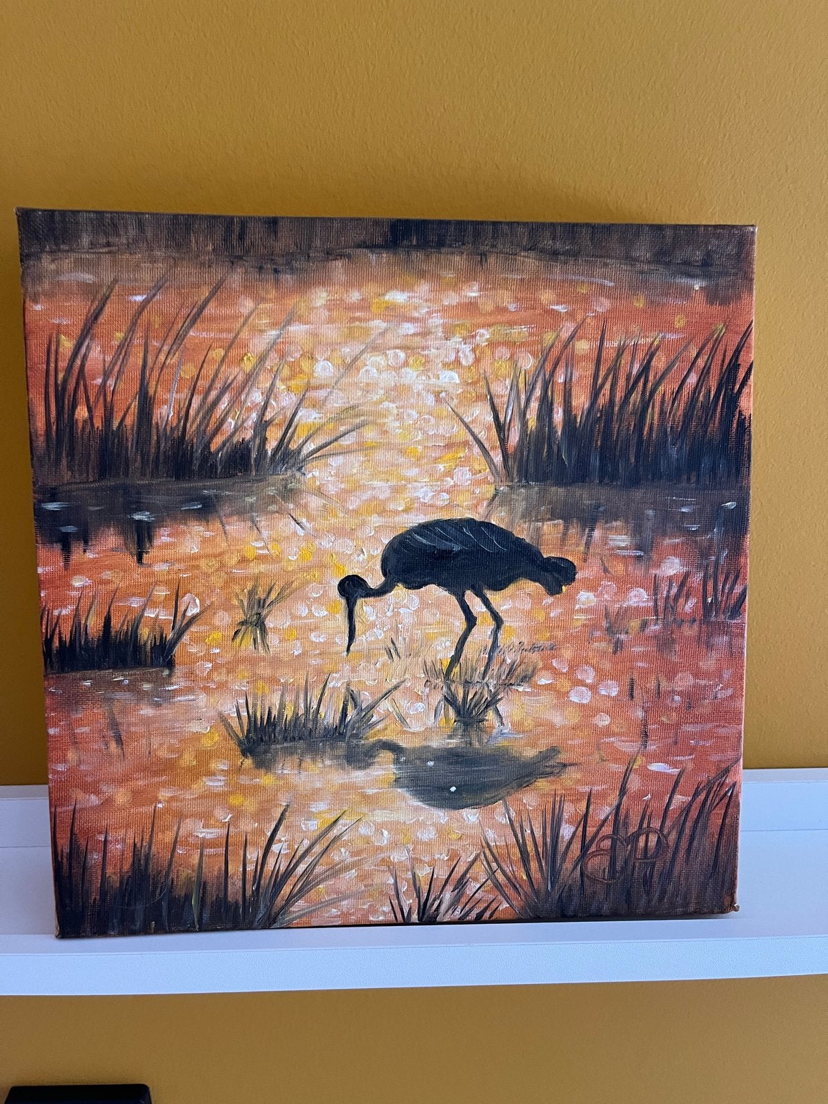 Zwarte Ibis bij zonsondergang - schilderij 25x25, Ophalen, Doek, Realistisch, Dieren