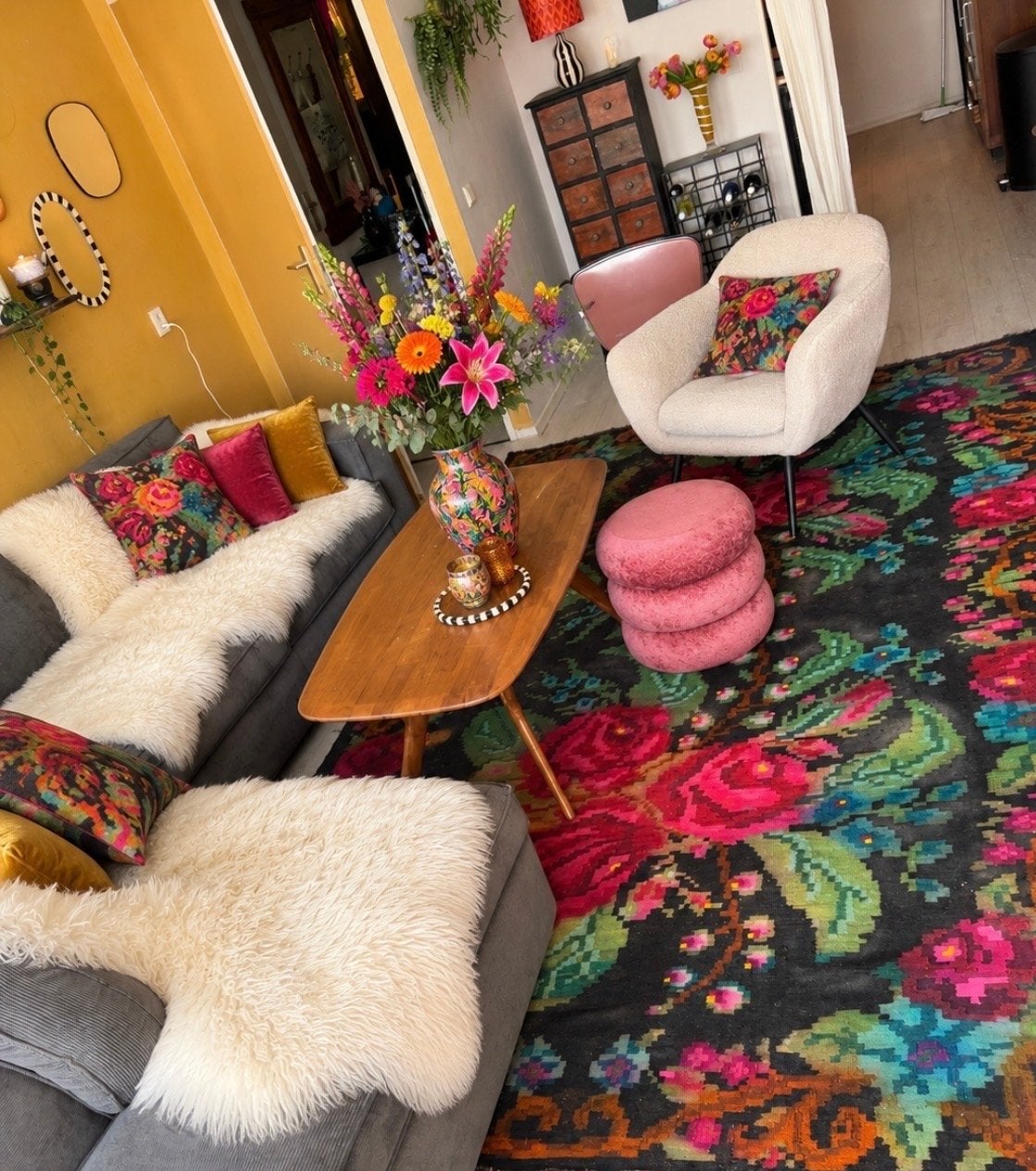 Vintage rozenkelim kilim vloerkleed tapijt, Huis en Inrichting, Ophalen, Gebruikt, 200 cm of meer, Rozen kelim