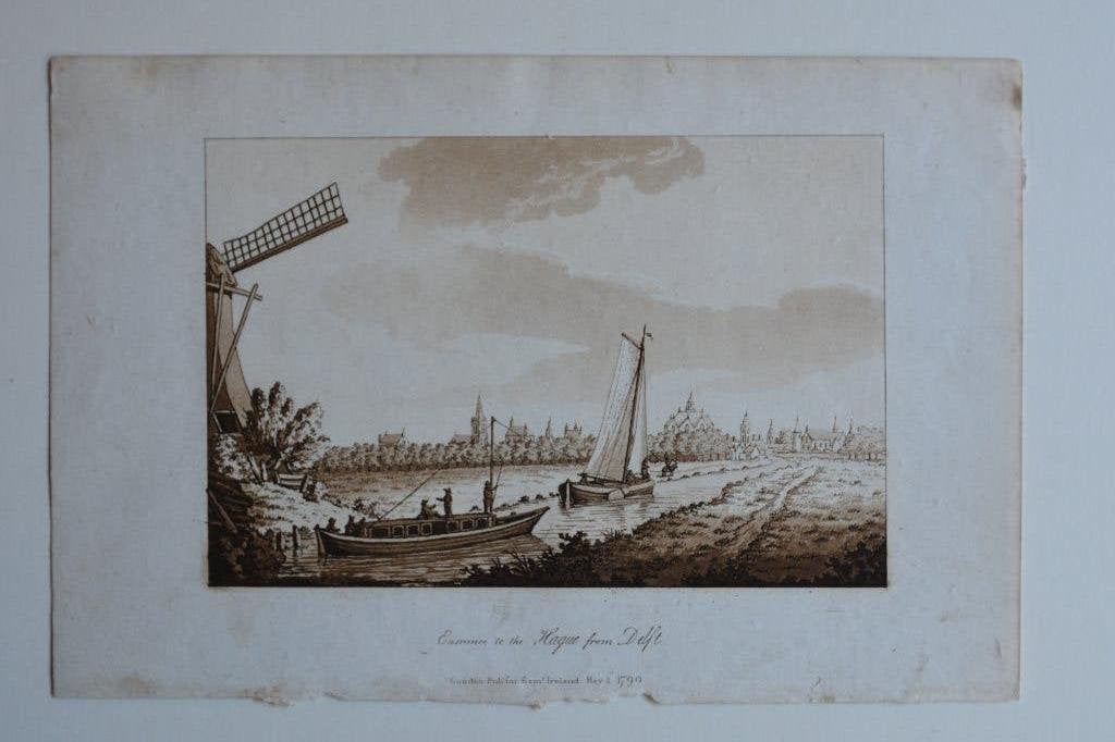 DEN HAAG vanuit DELFT gezien TREKSCHUIT AQUATINT GRAVURE GU7, 10 cm, Stadsgezicht, Origineel, 16 cm