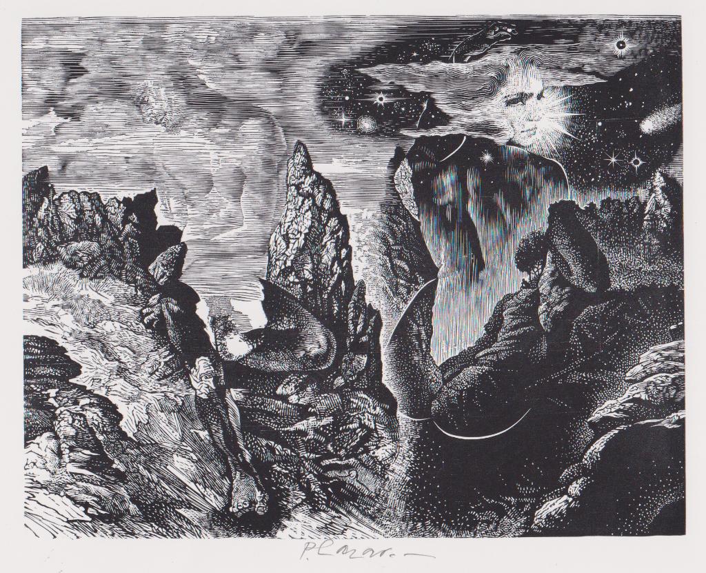 Houtgravure van Peter Lazarov - Day and Night, Ophalen of Verzenden, Gravure