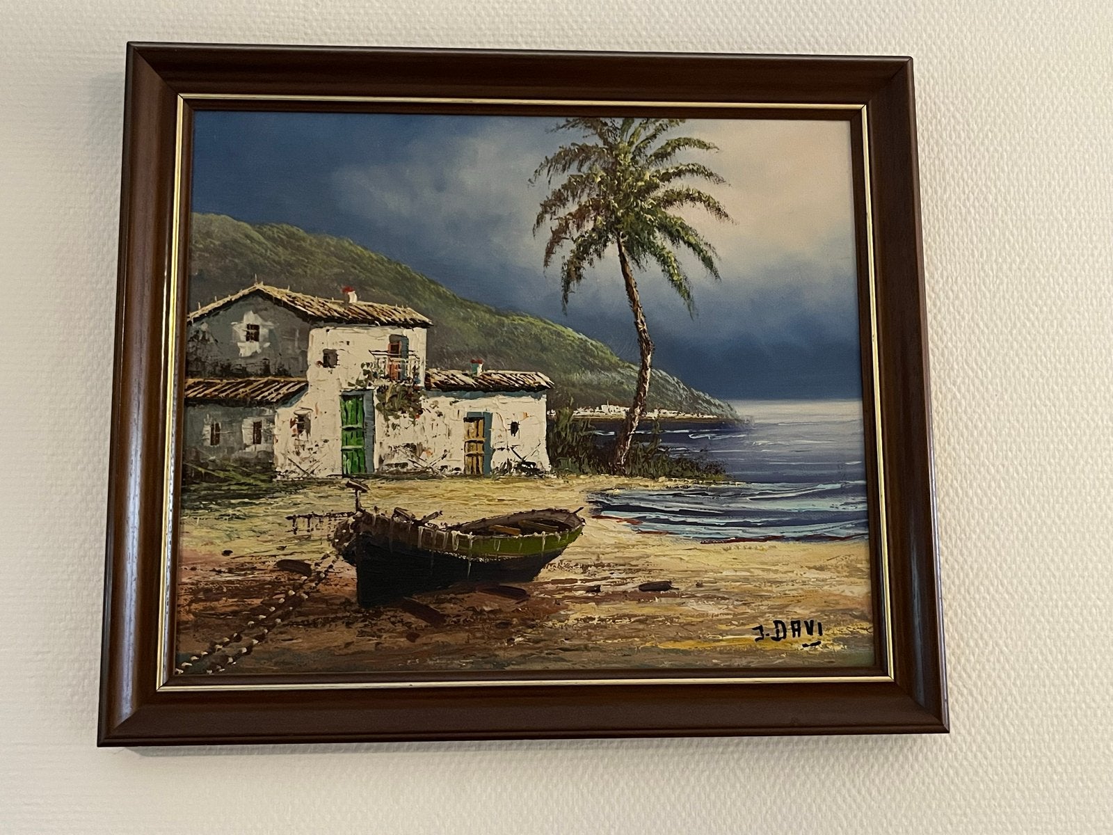 Schilderij: Mediterraan landschap met boot en huizen, Maritiem / water, Doek, Realistisch, Ophalen of Verzenden