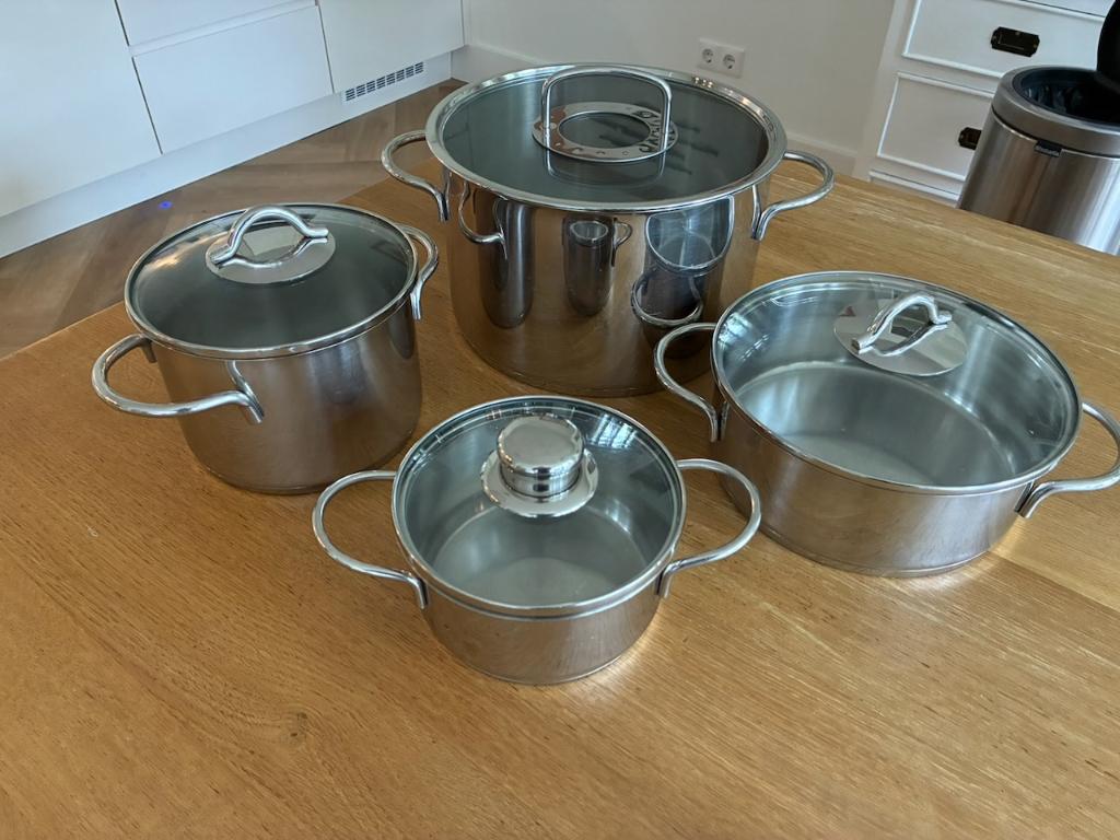 Pannenset RVS met glazen deksels - 4 stuks, Ophalen, Gebruikt, Rvs, Pannenset