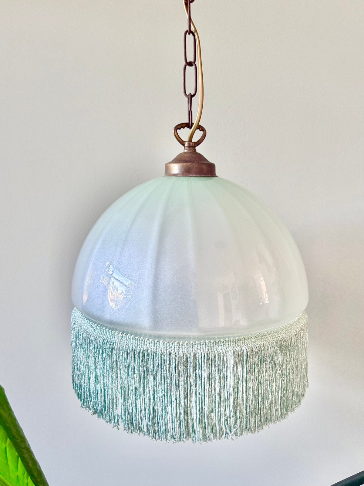 Vintage turquoise lampenkap hanglamp lamp, Huis en Inrichting, Lampen | Hanglampen, Ophalen of Verzenden, Gebruikt, Glas