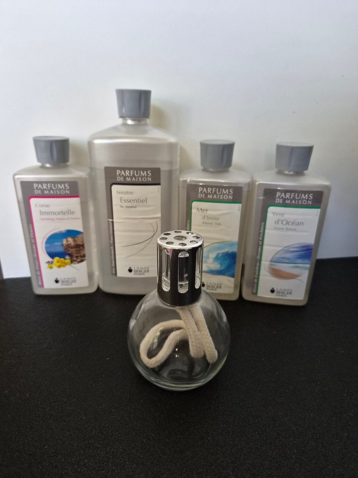 Lampe Berger brander met diverse oliën, Ophalen, Gebruikt, Zilver, Glas