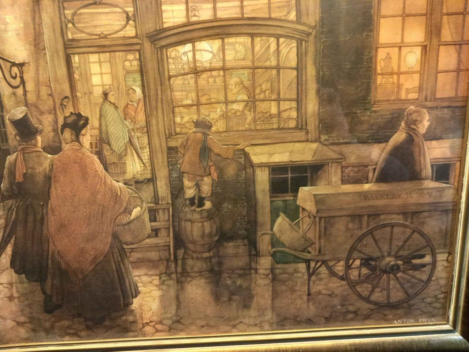 Anton Pieck print: Bakkerij in oude stad, Antiek en Kunst, Ophalen of Verzenden