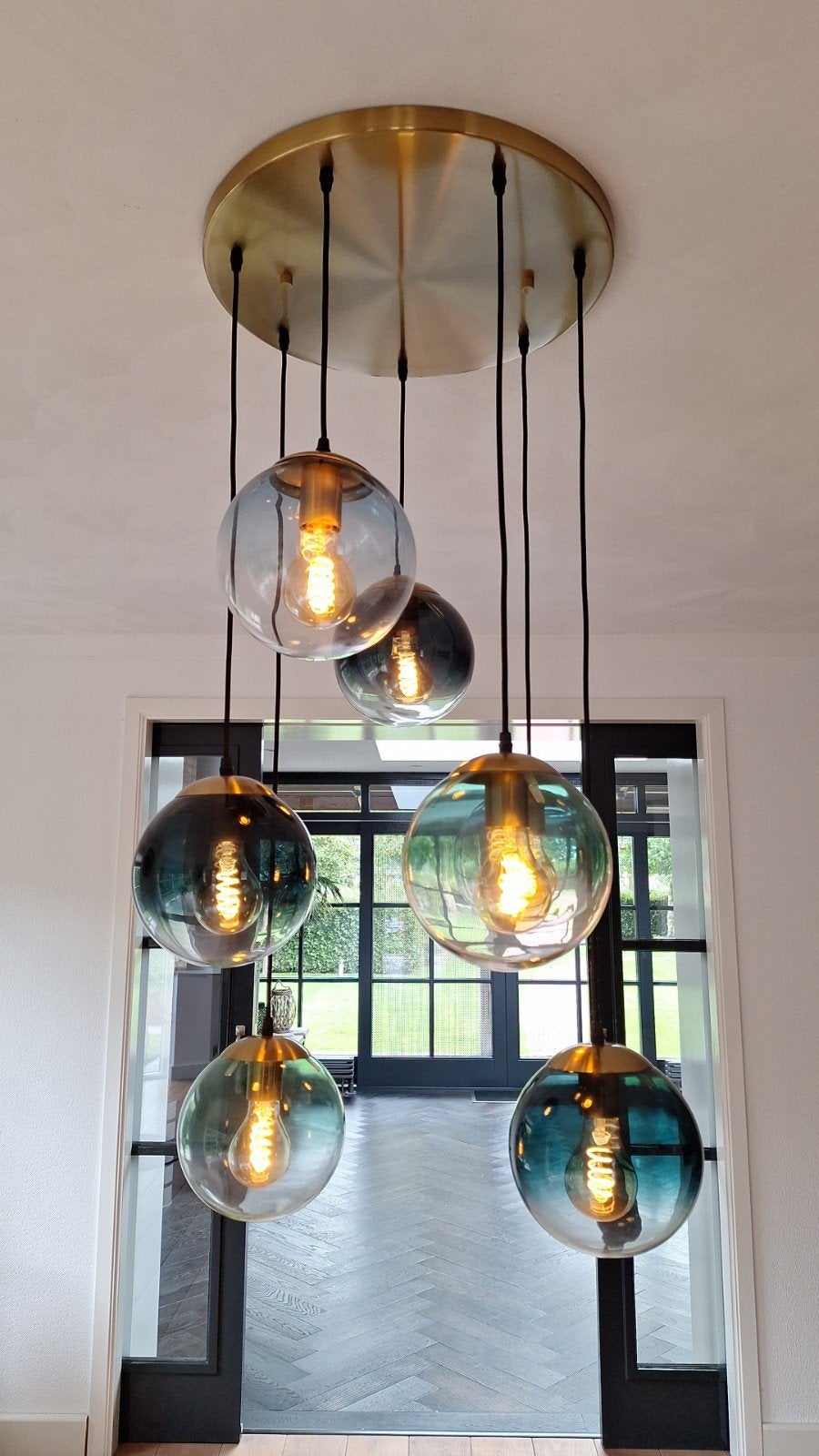 Art Deco QAZQA Hanglamp Pallon Messing Blauw Glas 7-lichts, Ophalen, E27 (groot), Zo goed als nieuw, Glas