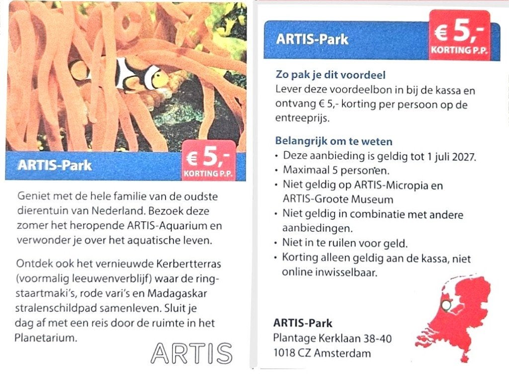 ARTIS-Park €5,- korting p.p., Tickets en Kaartjes, Drie personen of meer, Kortingskaart