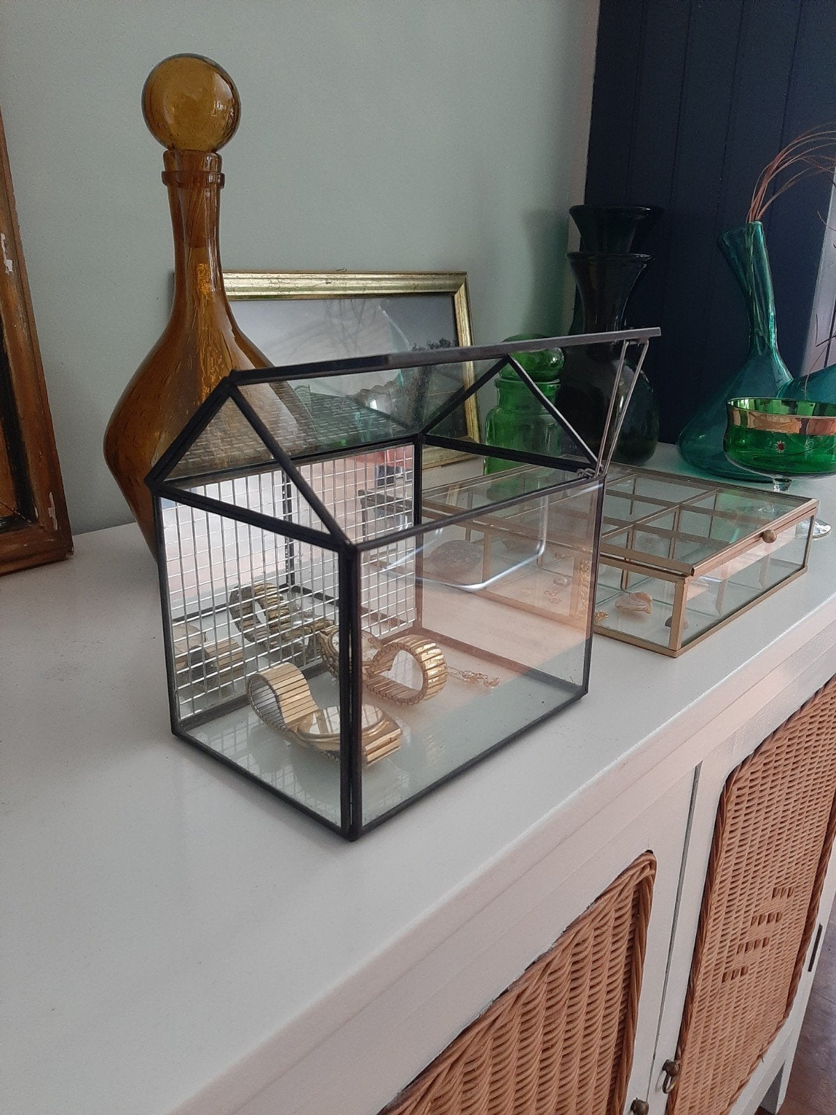 mini vitrine sieradenkistje vorm van een glazen kas huisjej, Ophalen, Gebruikt, Minder dan 25 cm, Minder dan 100 cm