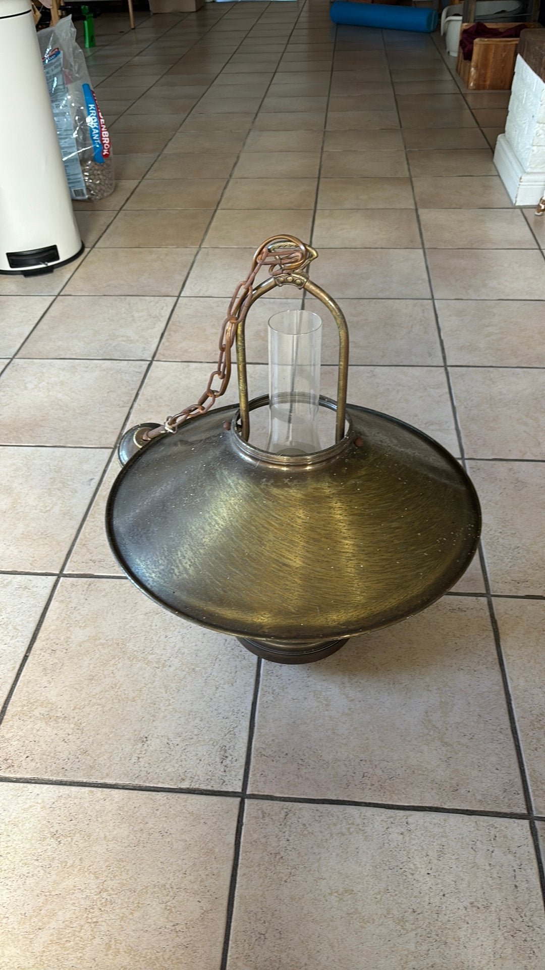 Koperen ‘olielamp’ elektrisch, Huis en Inrichting, Gebruikt, E27 (groot), Metaal, Antiek