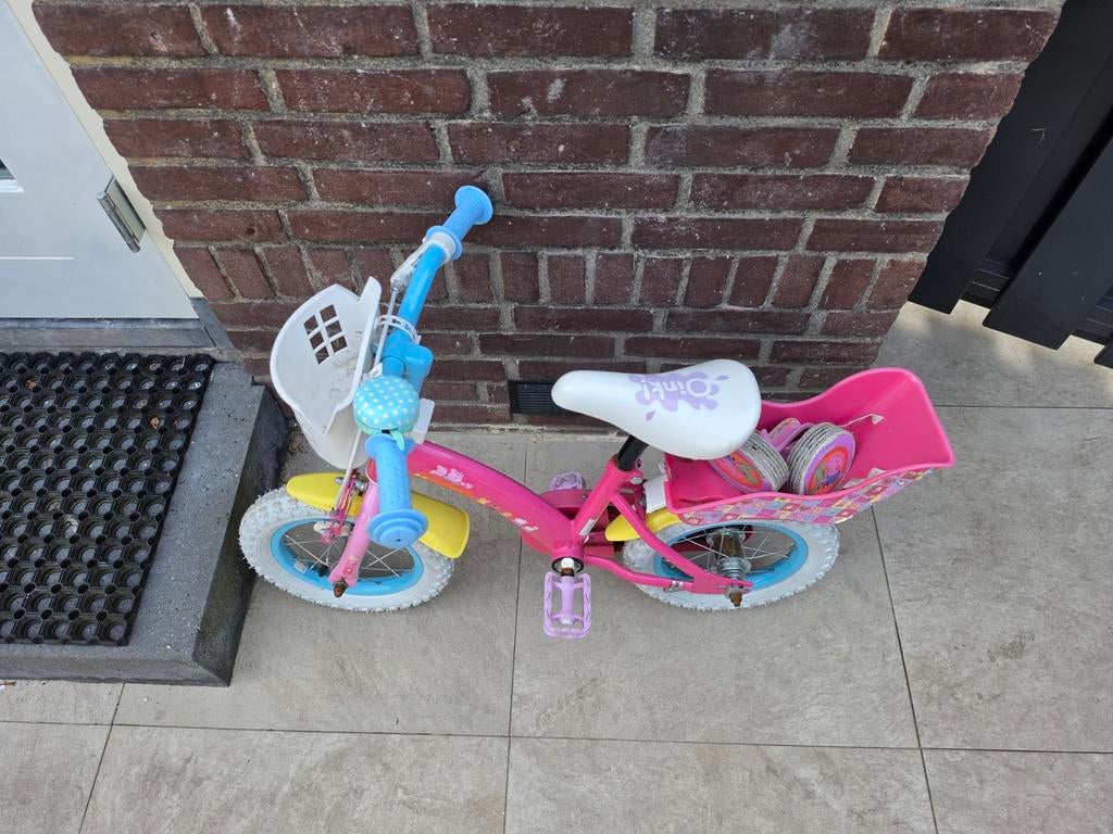 Roze kinderfiets met mandje en poppenstoeltje, Ophalen, Zijwieltjes, Gebruikt, Velgrem