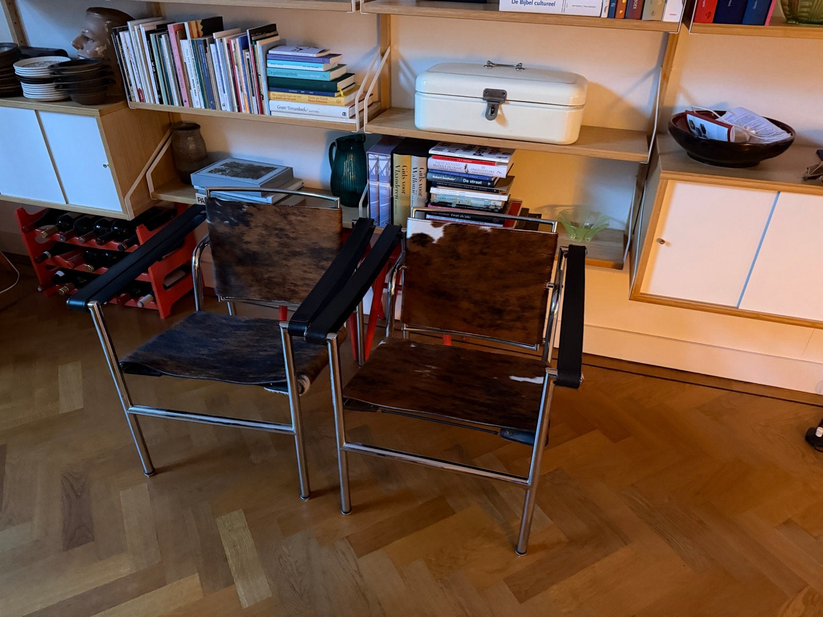 Le Corbusier LC1 Cassina stijl replica ponyhuid chroom, Gebruikt, Twee, Bruin, Leer