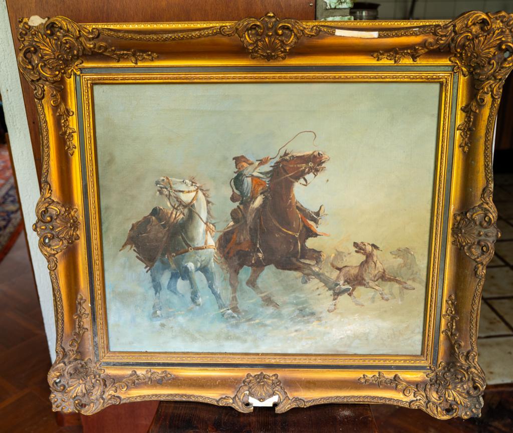 Antiek schilderij: Jagers te paard met honden, Ophalen