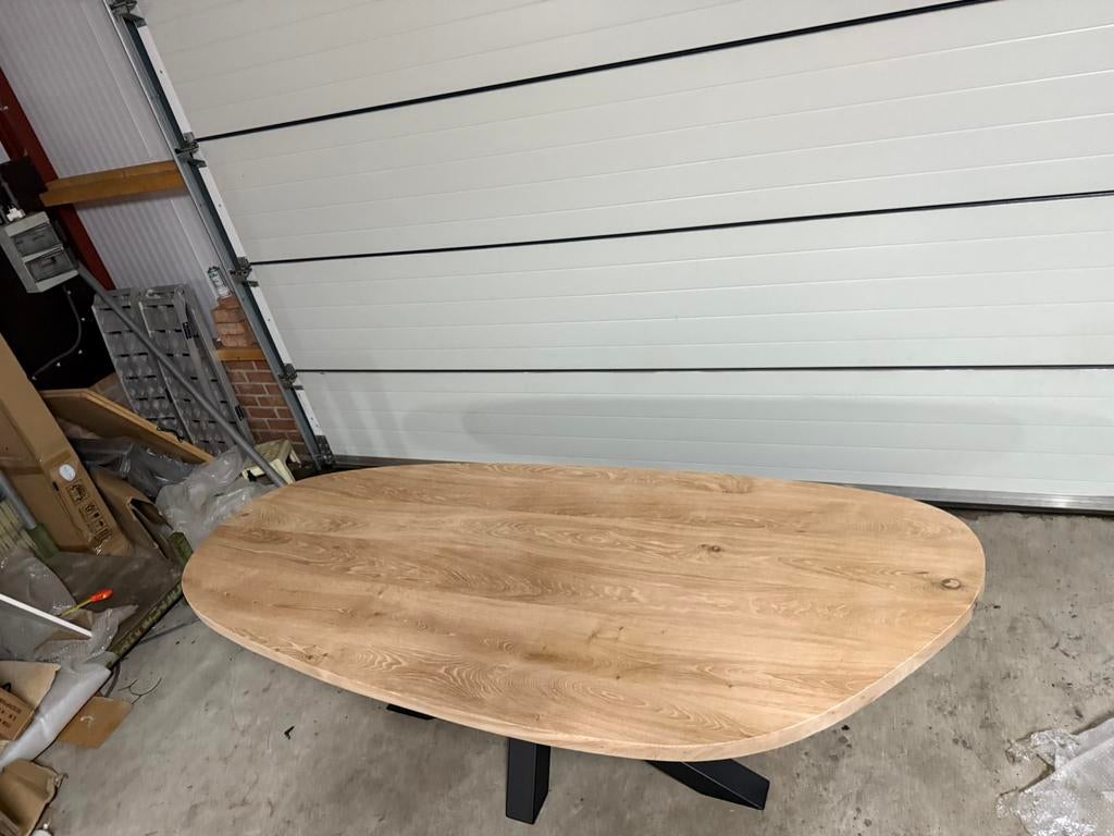 Mooie indutriele eiken tafel leaf organic vorm 6cm dik, 100 tot 150 cm, Ophalen of Verzenden, Vijf personen of meer, Overige vormen