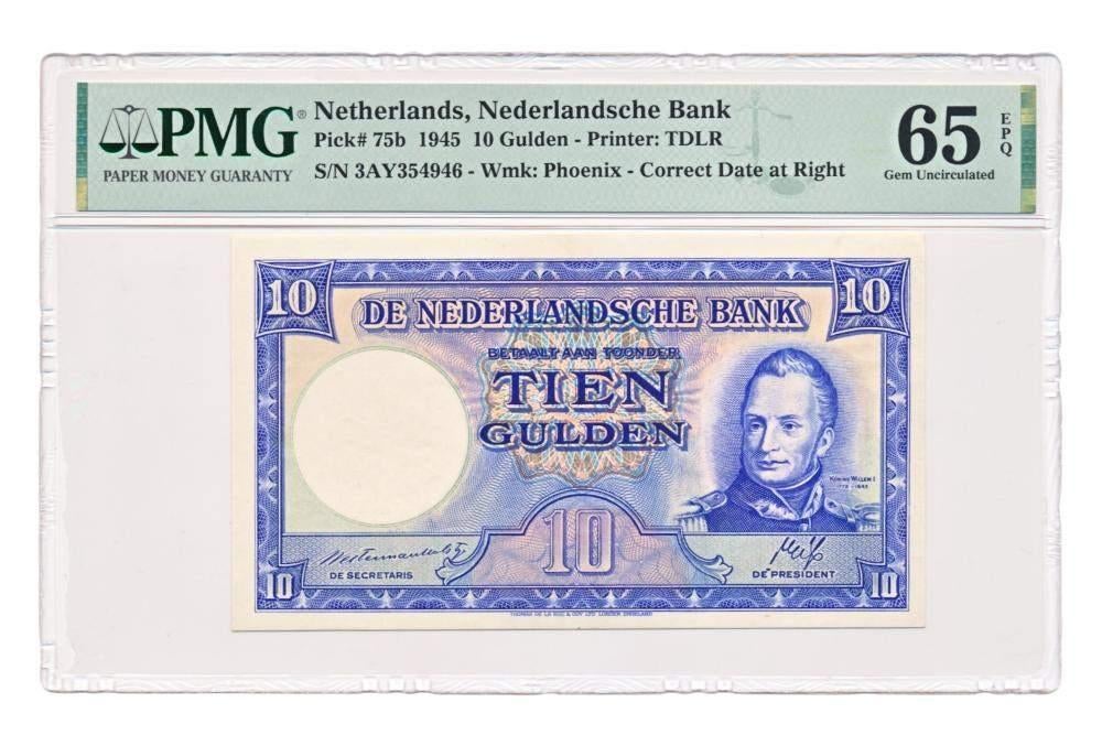 Nederland 10 Gulden 1945 Staatsmijnen PMG65 EPQ, Ophalen of Verzenden, 10 gulden, Los biljet