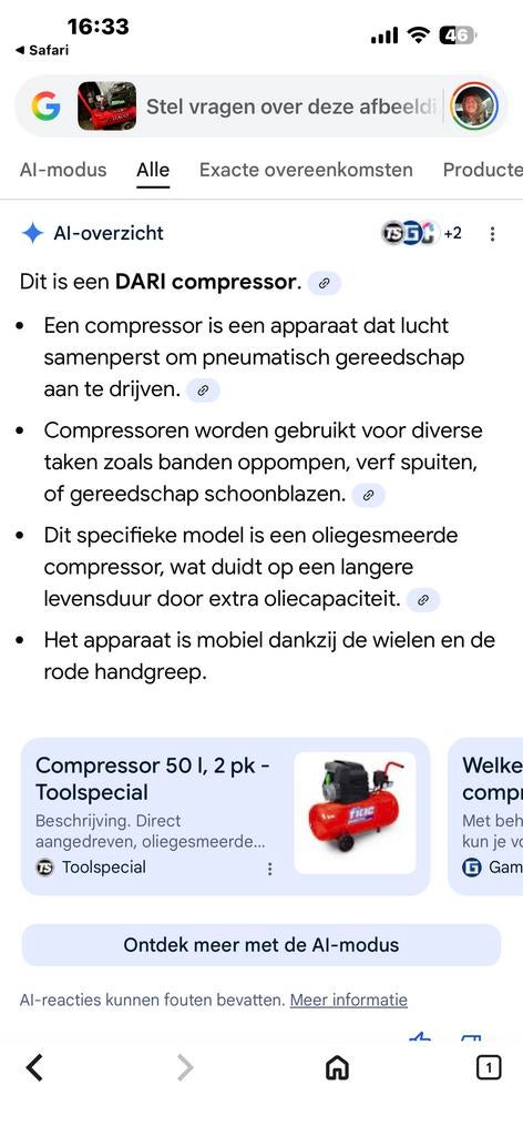 Dari Compressor - 50L Tank, 10 Bar, Ophalen, Gebruikt, 6 tot 10 bar, Minder dan 200 liter/min