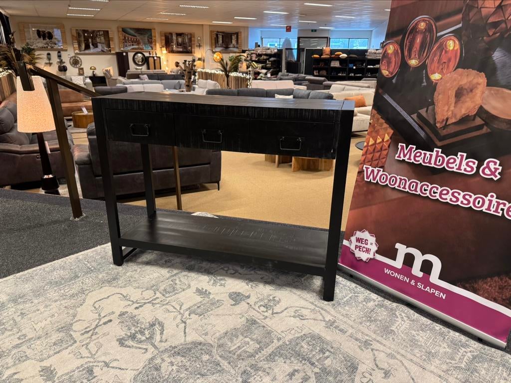 Sidetable Zwart mango/Staal 120cm 3-lades Direct/Leverbaar, 100 tot 150 cm, Nieuw, Mwonenenslapen, Mwonenenslapen@ziggo,nl