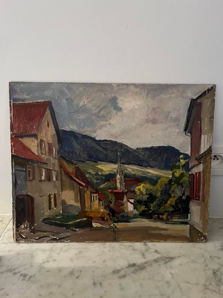 KUNST KLASSIEK  SCHILDERIJ DORP  KERK OLIEVERF ZEER MOOI, Ophalen of Verzenden
