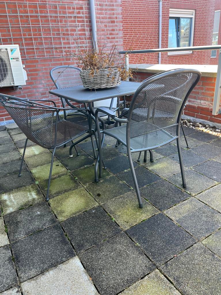 Sfeervolle gietijzeren Bistroset, Tuin en Terras, 4 zitplaatsen, Gebruikt, Bijzettafel, Aluminium