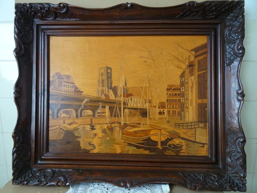 Ingelegd hout schilderij Rotterdam 78x63cm Intarsia 1948, Ophalen of Verzenden