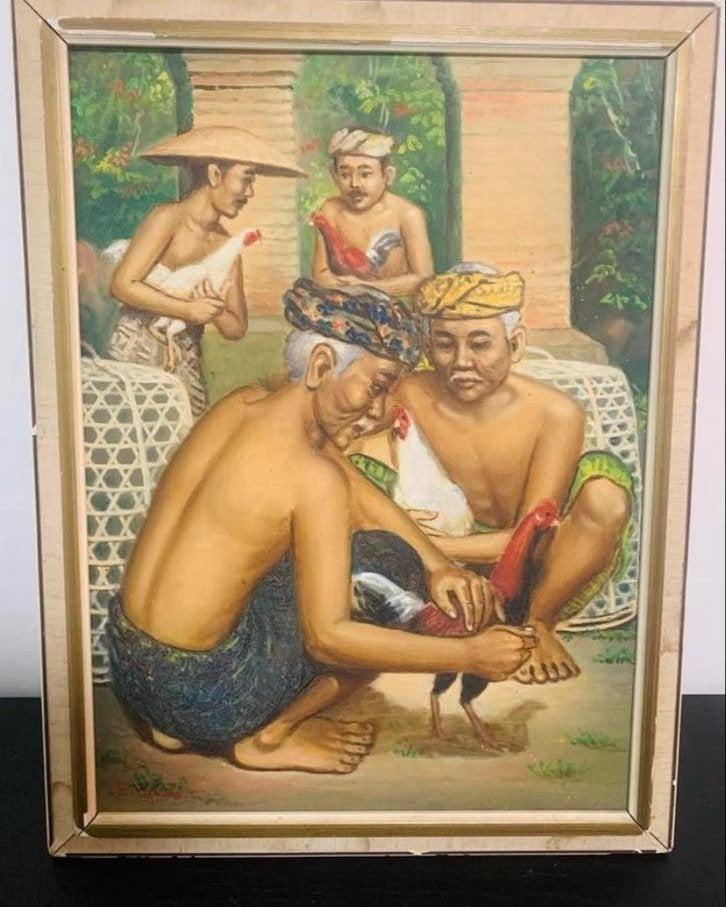 Olieverfschilderij: Balinese Hanengevecht Scène, Ophalen