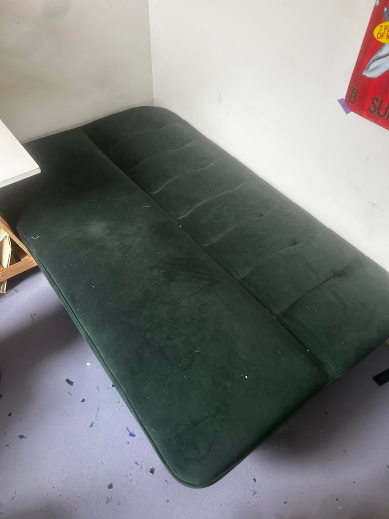 Donkergroene slaapbank/futon, Gebruikt, Tweepersoons, Ophalen of Verzenden, Overige maten