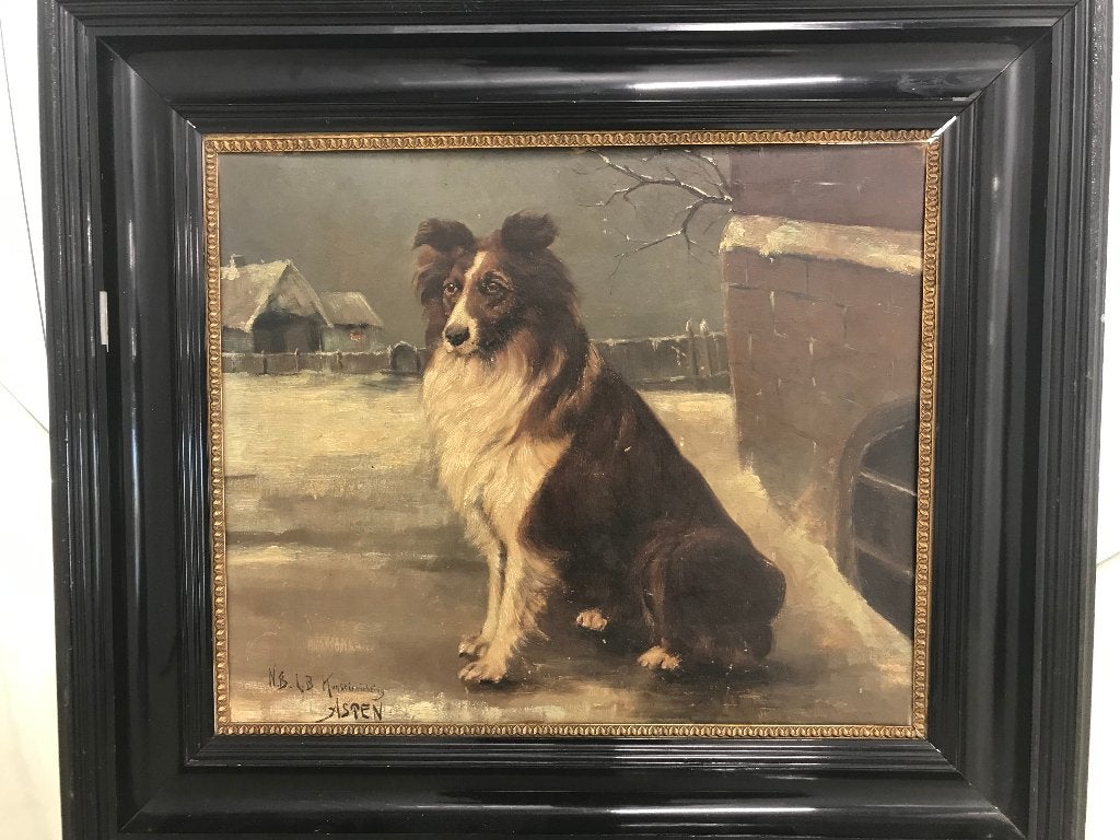 19 eeuw olieverf paneel hond kunstinrichting asten, Paneel, Origineel werk, Ophalen of Verzenden, Olieverf